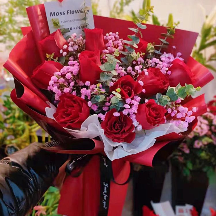 Enduring Love: 11 Scarlet Roses & Starry Gypsophila