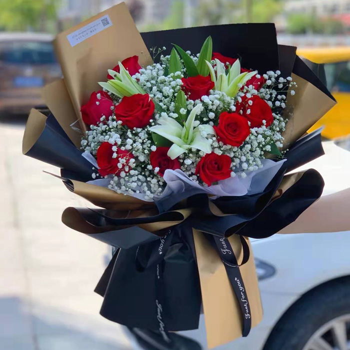 11 Red Roses & 2 White Lilies Bouquet with Baby’s Breath - Romantic Gift for Her | 214flowers.com