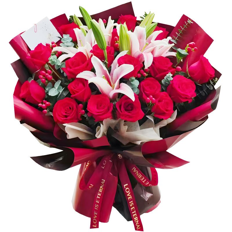 19 Red Roses & 5 Pink Lilies Bouquet - Romantic Gift for Her | 214flowers.com China Delivery