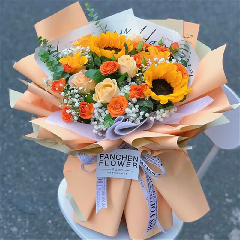 golden ratio 3 sunflowers 6 blush roses bouquet to china
