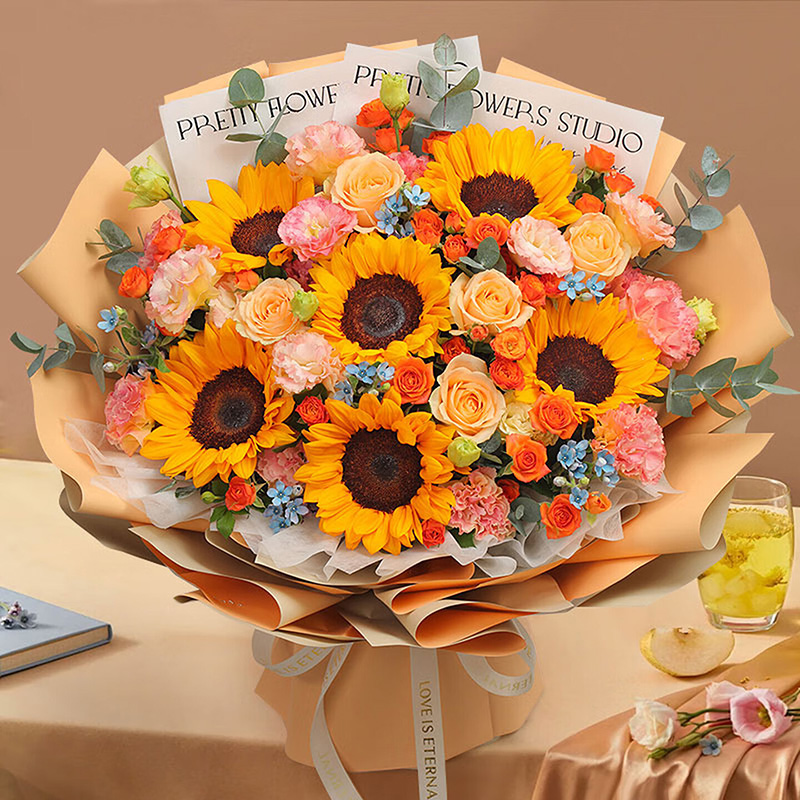 Stand by each other through thick and thin, 6 sunflowers, 6 carnations, 6 champagne roses - Send roses to China