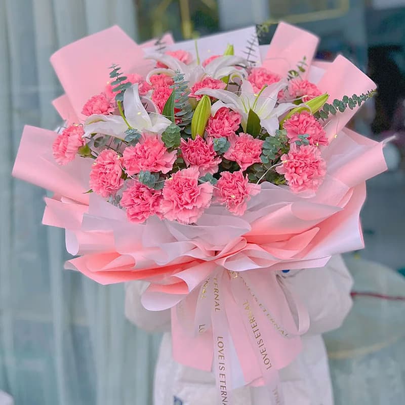 Love you more, 21 pink carnations, 6 white perfume lilies