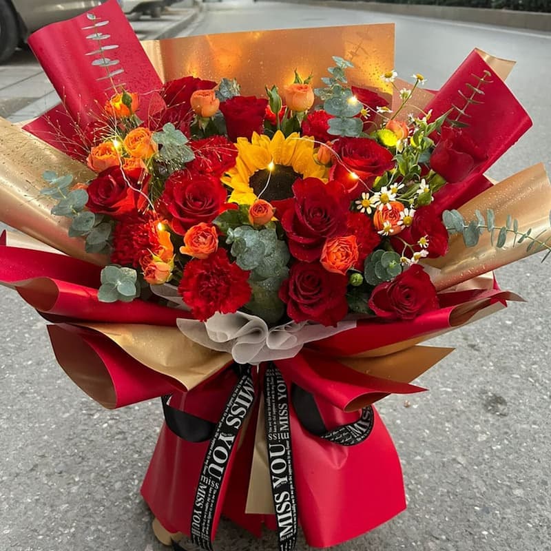 Mixed bouquet of roses, carnations, and sunflowers - Blessing flowers delivery to China