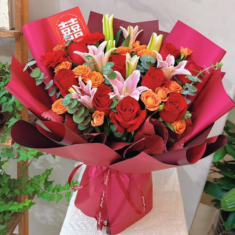 Enduring love, mixed bouquet of roses, carnations, and lilies - Blessing flowers delivery to China