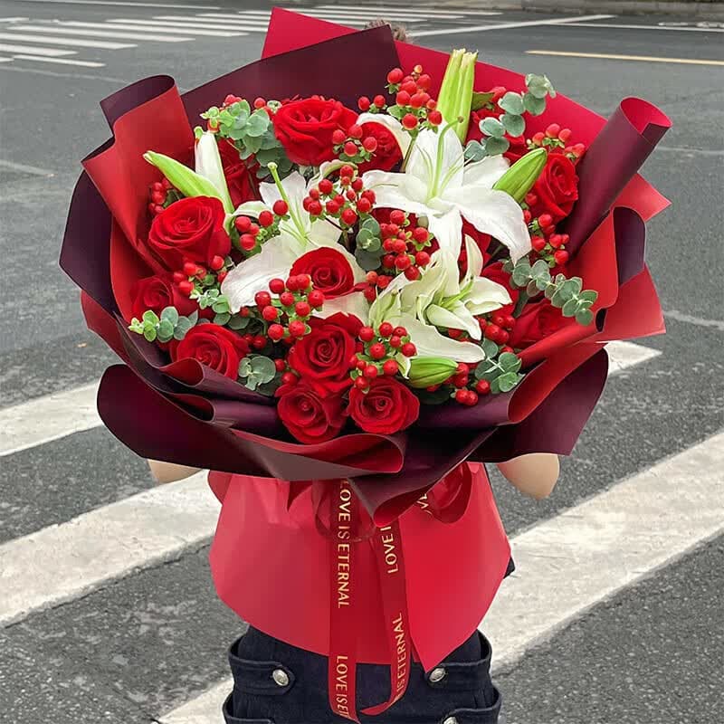 Just having you makes me feel warm. 19 red roses, 8 white lilies - Birthday flowers delivery to China