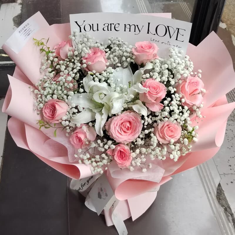 11 pink roses and 2 lilies - Send love flowers to China