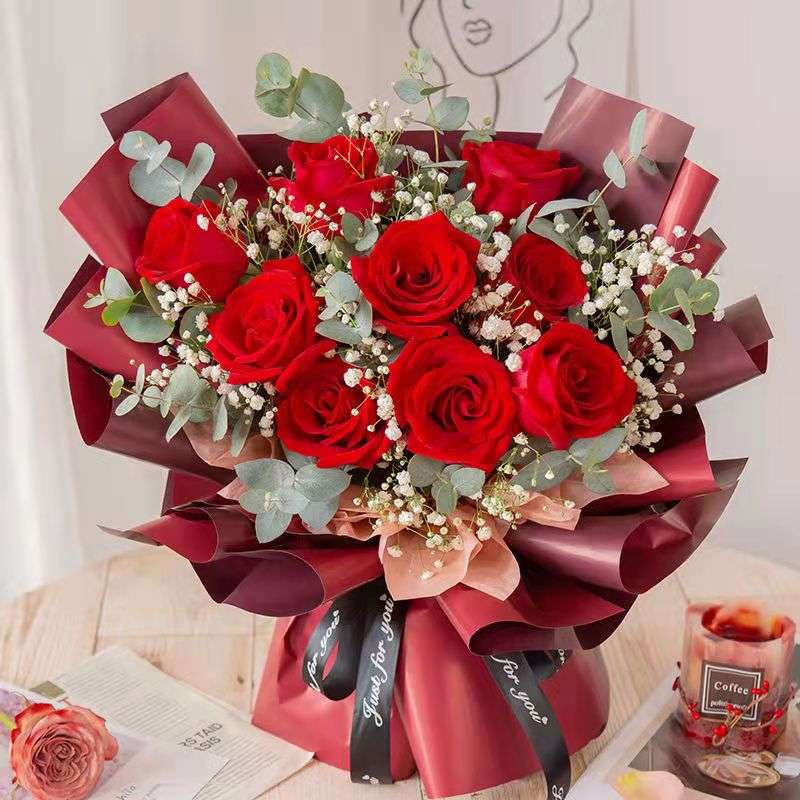 9 Red Roses Hand-Tied Bouquet - Fresh & Romantic