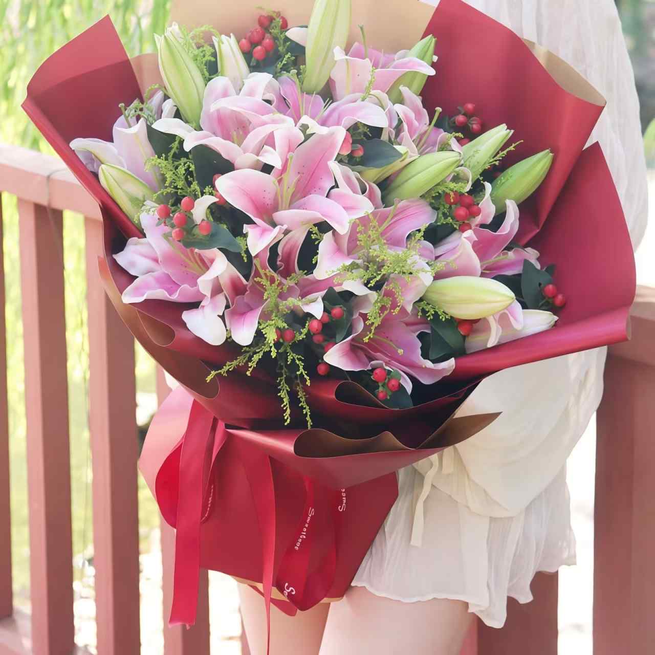 19-Stem Pink Lily & Love Pea Bouquet | Heartfelt Longing