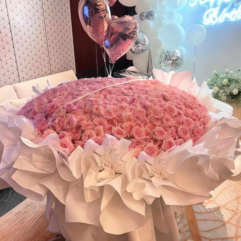 199-Stem Pink Lychee Rose Bouquet with 3 Balloons | Overflowing Romance