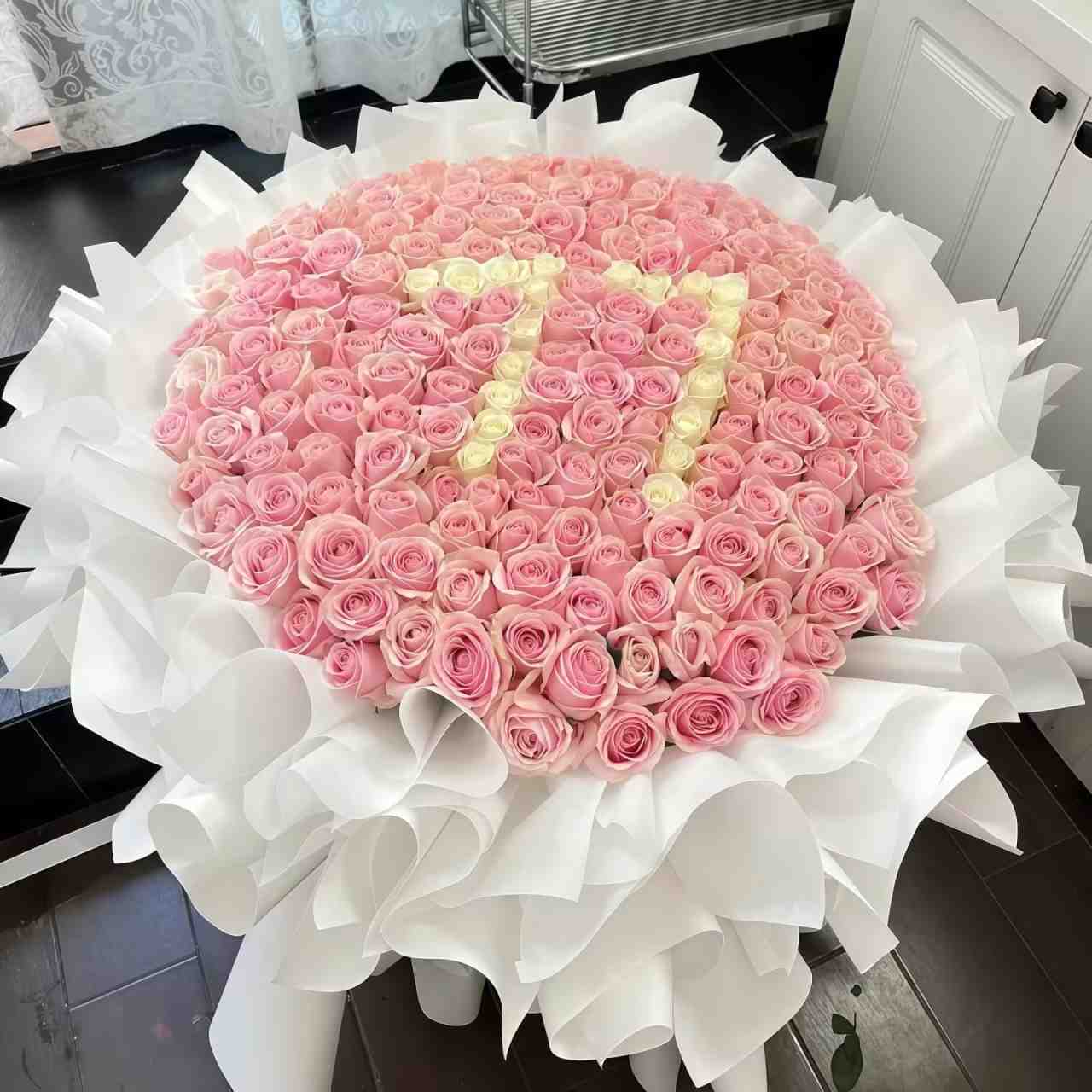 199-Stem Pink Snow Mountain Rose Custom Letter Bouquet | Snowy Whisper of the Heart